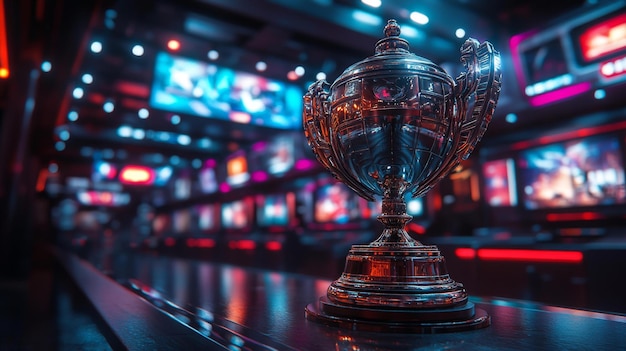 Esports Trophy in Neon Lit Arena Generative AI