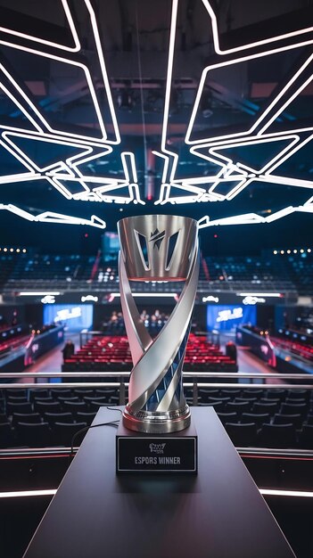 Photo esports winner trophy standing on a stage in the middle of the computer video games championship ar