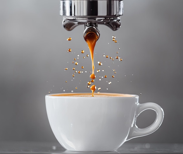 Photo espresso being brewed into a white cup with droplets of coffee