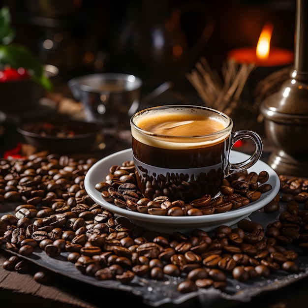 Espresso Coffee Cup with Beans on Vintage Table