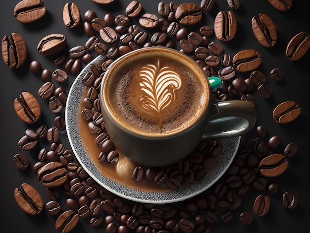 Espresso Coffee Cup With Beans On Vintage Table