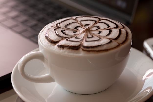 Espresso, hot in the cup, placed on the table