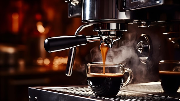 Espresso machine pours fresh black coffee in a cup closeup Generative AI