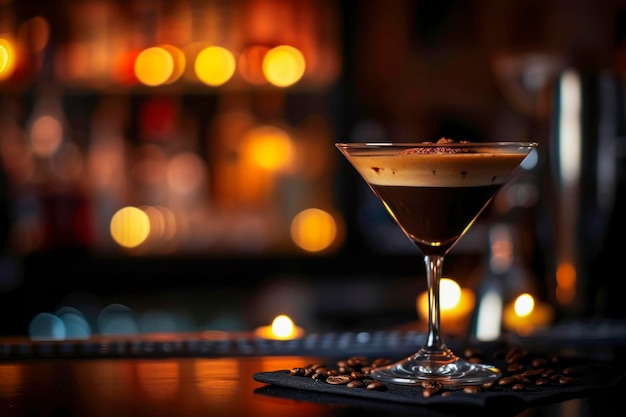 Espresso Martini evening an atmospheric scene featuring an Espresso Martini served on a stylish bar