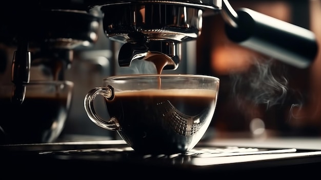 Espresso pouring from coffee machine at cafe closeup Al generated