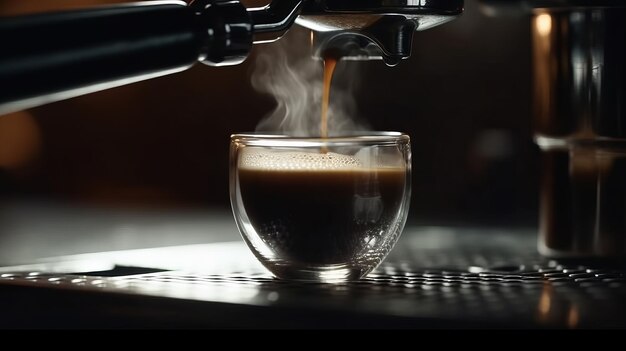 Espresso pouring from coffee machine at cafe closeup Al generated