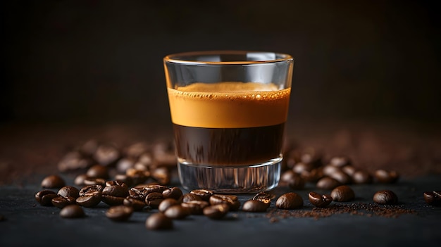 Photo espresso shot in small cup with scattered coffee beans on dark background