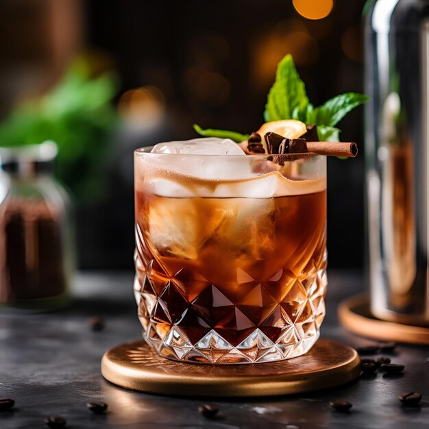 Espresso Tonic close up Cold drink with espresso and tonic on dark blurred background with coffee beans Black Ice coffee in a tall glass with tonic and ice cubes commercial shot AI