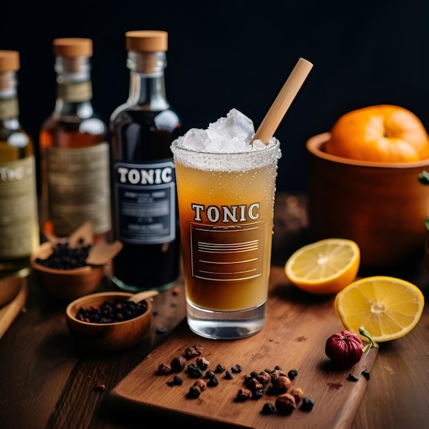 Espresso Tonic cold drink with espresso and tonic on wooden cutting board on wooden table with citruses and coffee beans Black Ice coffee in a tall glass with tonic and ice cubes Copy space AI