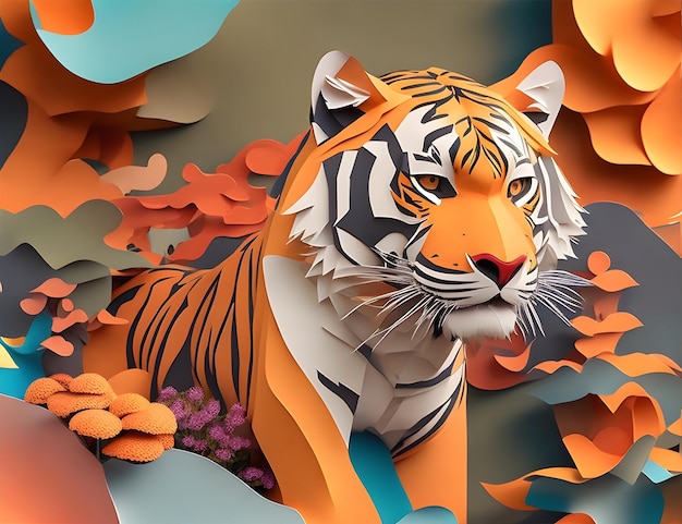 The essence of a cartoon tiger in paper art Ai generated