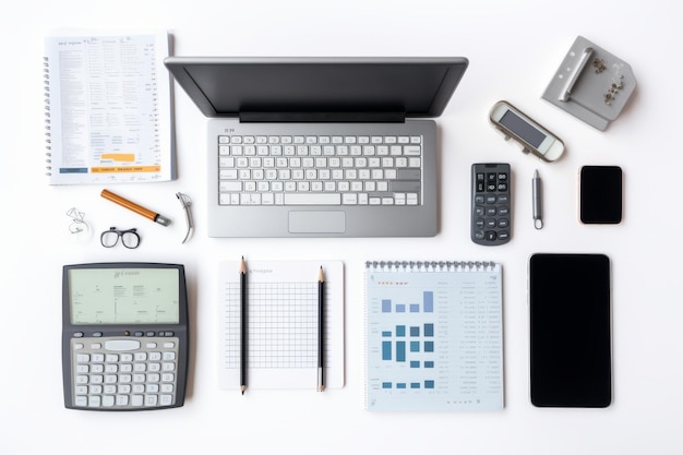 Photo essential business tools a topview array of desktop objects on white background