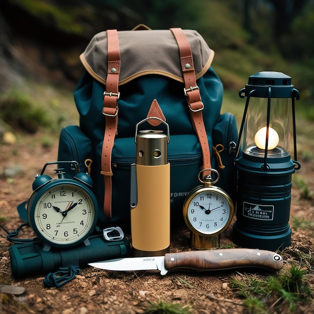 Photo essential camping gear collection backpack sleeping mat lantern compass and flashlight for adven