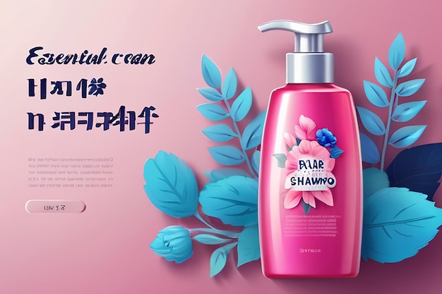 Photo essential cream ads shampoo bottle pink and blue flowers with leaves hair cosmetic product