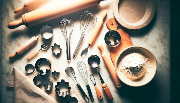 Essential ingredients and tools for cupcake baking laid out