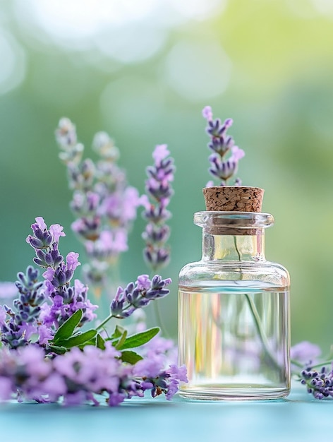 Essential Lavender Oil in Glass Bottle with Fresh Lavender Flowers Aromatherapy and Natural Wellne