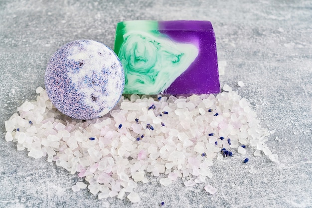 Essential lavender salt, soap and bath bomb. SPA lavender products. 