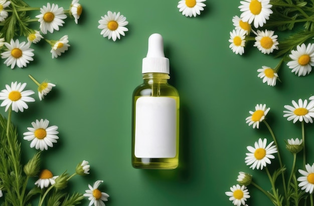 essential oil bottle flatlay frame around with chamomile flowers top view of cosmetic product