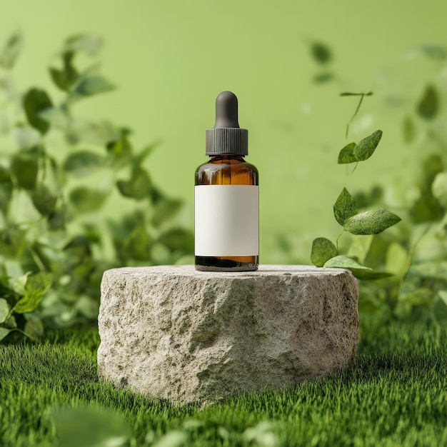 Photo essential oil bottle on stone podium with green foliage