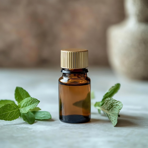 Photo essential oil bottle with fresh mint leaves