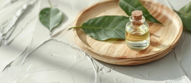 Essential Oil Bottle with Green Leaves on Wooden Tray