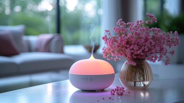 Essential oil diffuser with pink light and steam with fresh herbs in modern home