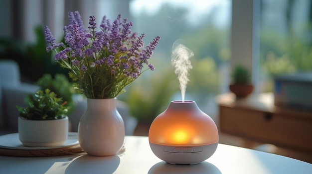 Essential oil diffuser with pink light and steam with fresh herbs in modern home