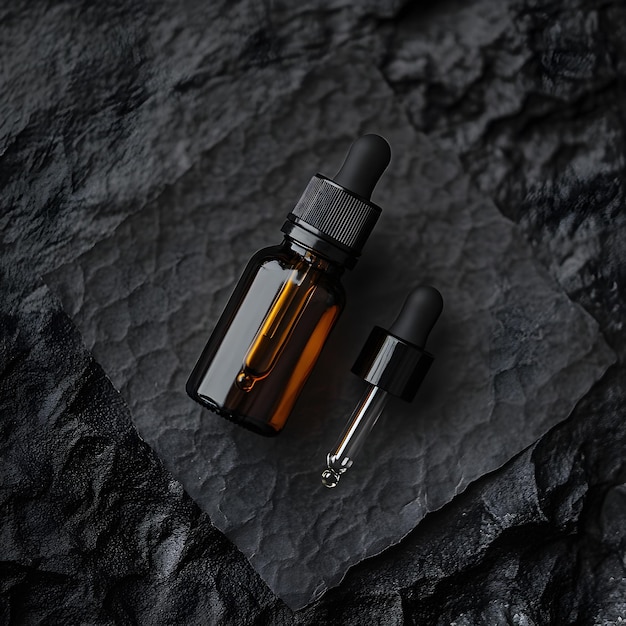 Essential oil in a glass bottle on a black stone background