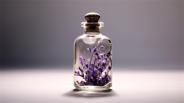 Photo essential oil in a glass bottle with purple flowers on a dark background