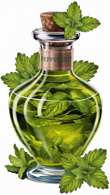 Essential oil of peppermint in bottle with fresh green peppermint