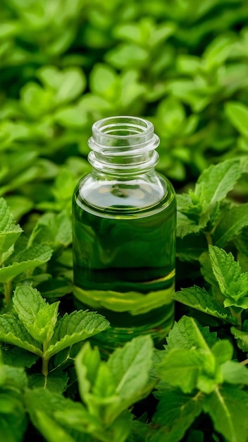 Essential oil of peppermint in bottle with fresh green peppermint