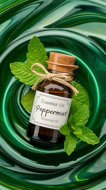 Photo essential oil of peppermint in bottle with fresh green peppermint