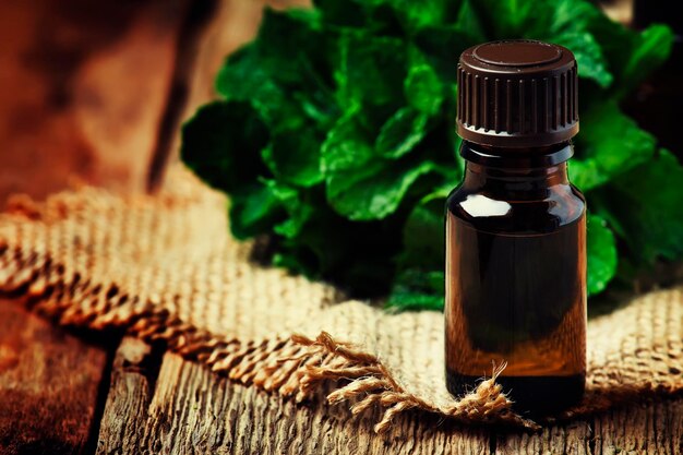 Essential oil of peppermint in a small brown bottle with fresh green mint rustic style vintage wooden background selective focus