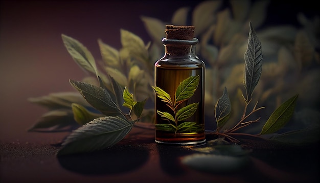 Essential oil in a small bottle on a dark backgroundgenerative ai