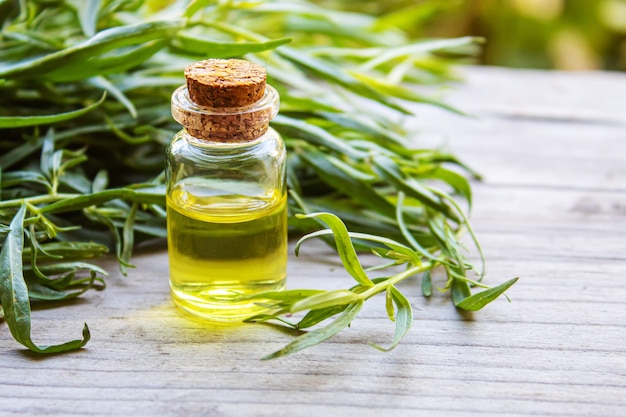 Essential oil of tarragon in a bottle. Selective focus.