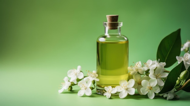 Essential oil with jasmine flowers on a green background Generative AI