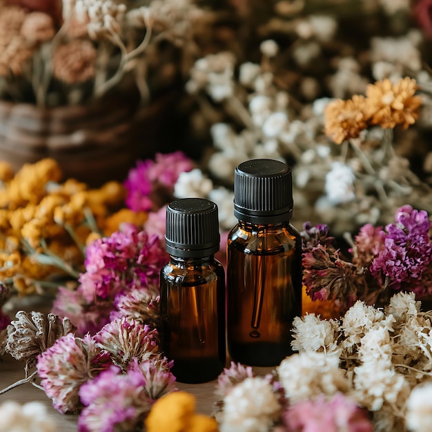 Photo essential oils bottles surrounded by dried flowers