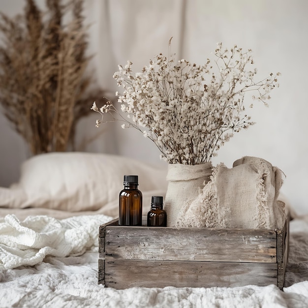 Essential Oils and Dried Flowers in Wooden Box on a White Bedspread