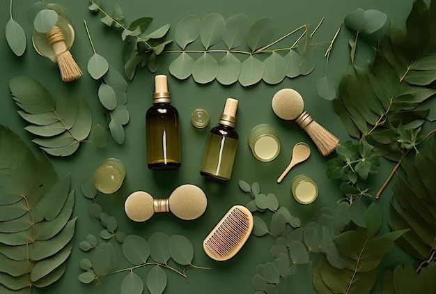 Essential oils and massage brushes with natural eucalyptus leaves on green background