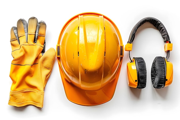 Photo essential safety gear hard hat gloves and ear protection for construction work