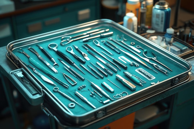 Photo essential surgical tools organized on a tray in a modern operating room with ai integration