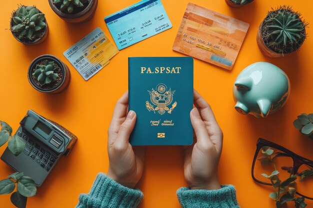 Photo essential travel prep female hands with passport credit cards piggy bank and ticket on orange