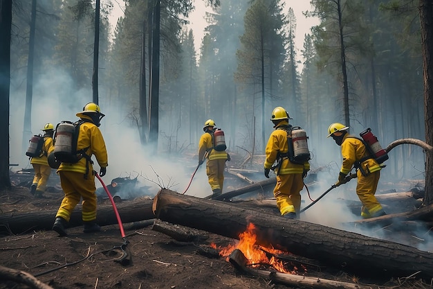 Establishing Shot Team of Firefighters in Safety Uniform and Helmets Extinguishing a Wildland Fire