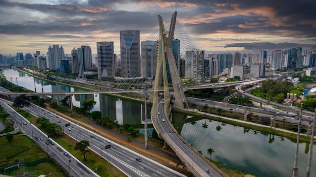 Estaiada's bridge aerial view in Marginal Pinheiros, São Paulo, Brazil. Business center.