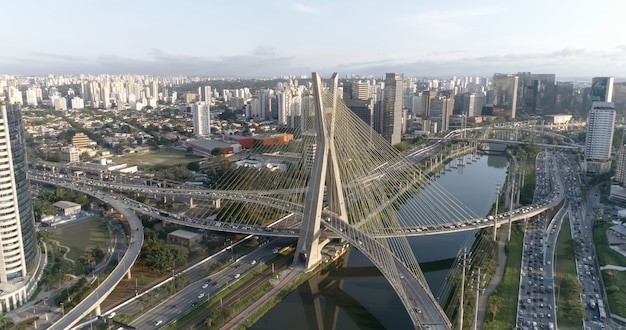 Estaiada's bridge aerial view. SÃ£o Paulo, Brazil. Business center. Financial Center. Great landscape. Famous cable-stayed bridge of Sao Paulo.