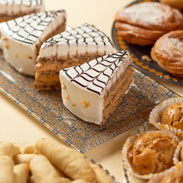 Esterhazy dessert, Hungarian cake, white yogurt cake on the table