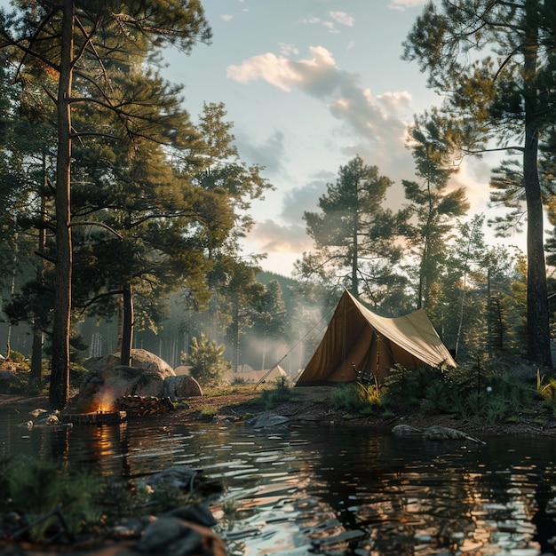 Estonian Summer Camping Adventure Tent in Forest by Lake