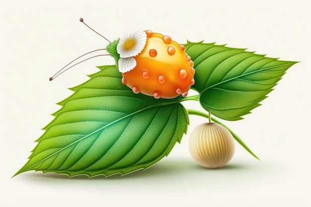 Estonian wild cloudberry Rubus chamaemorus with a berry bug