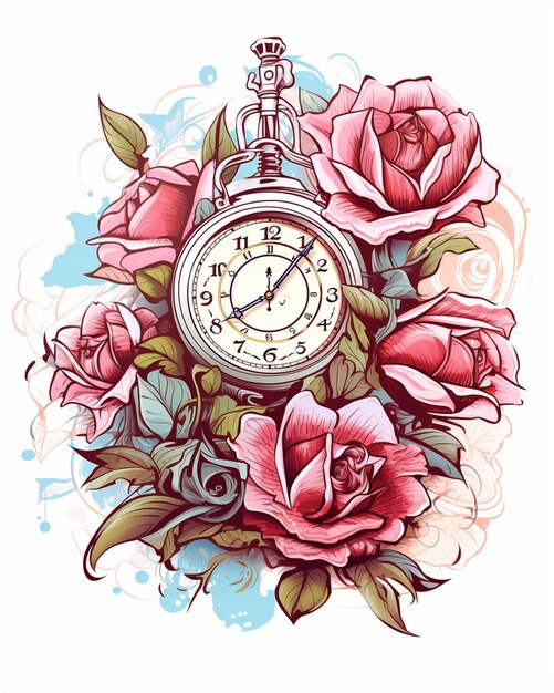 Photo etched image roses watch clock