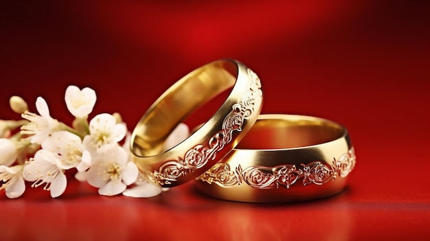 Eternal Bloom Golden Wedding Rings with Flowers on Red Background