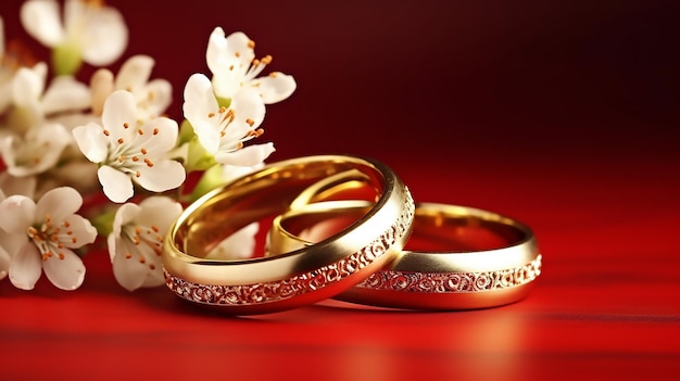 Eternal Bloom Golden Wedding Rings with Flowers on Red Background